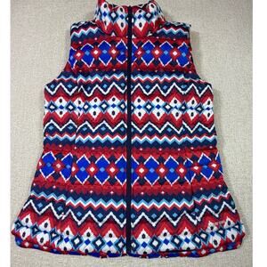 Lands' End NWT Women's Medium Red Blue 600 Fill Puffer Zip Front Fair Isle Vest